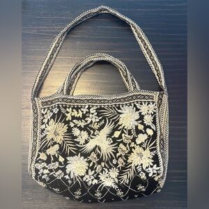 Johnny Was Othilia Elegant Black and Cream Embroidered Tote Bag